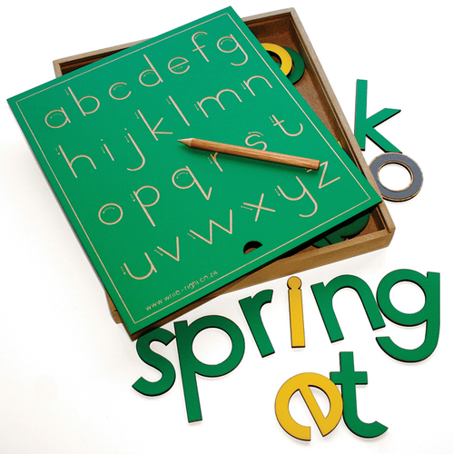 Wooden Alphabet board with 80mm Lowercase letters & vowels in a Box